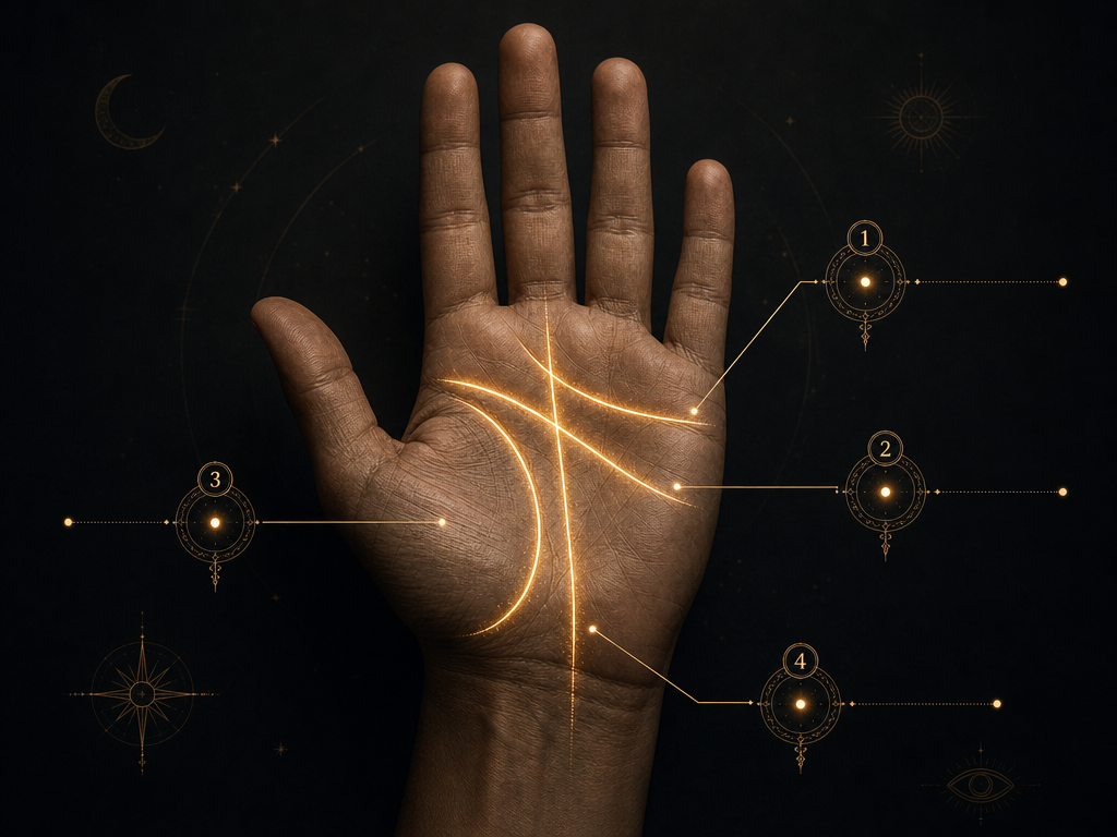 palm reading analysis showing highlighted palm lines with golden annotations